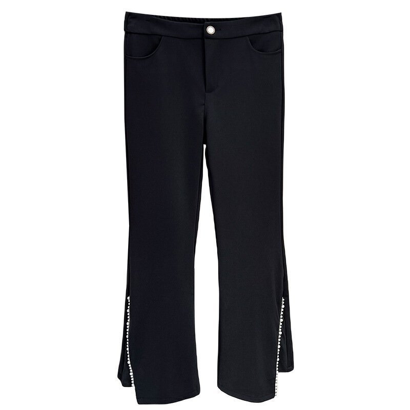 Pantalones con cuentas de 100kg para mujer, pantalón con abertura de Micro acampanada, de talla grande, informales, ajustados, color negro