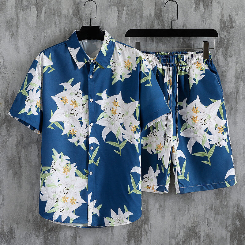 Setelan baju pantai Hawai pria, musim panas cepat kering kasual longgar dan celana pendek bermotif untuk lelaki