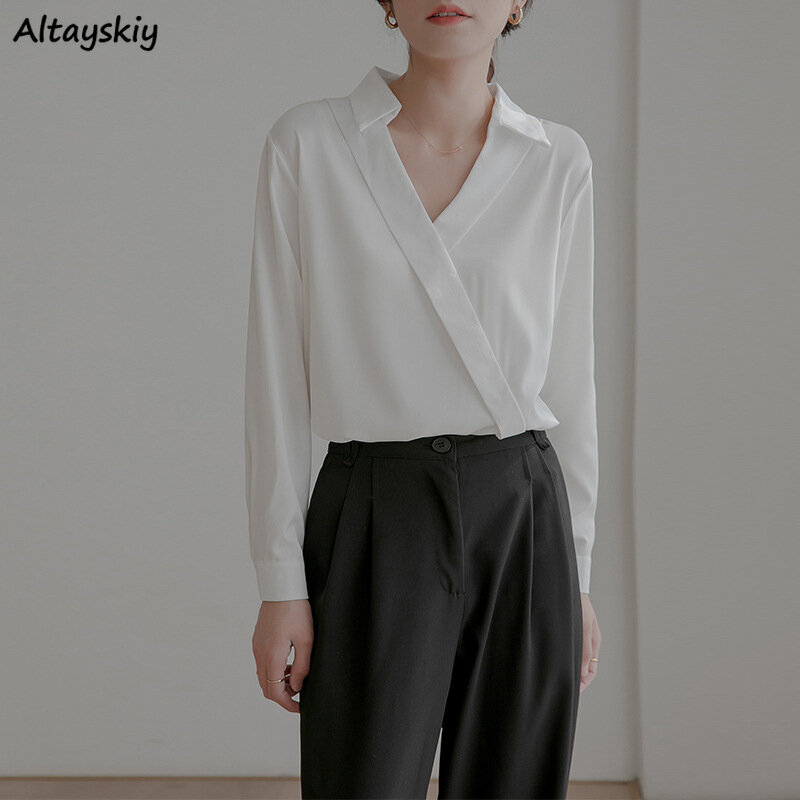 Shirts Women V-neck Long Sleeve Loose Solid Simple Chiffon French Style Elegant Office Ladies Temper Commuting Minimalist Chic