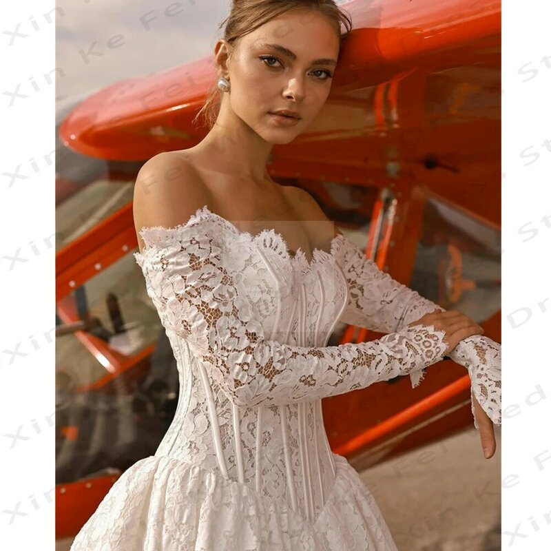 2024 przepiękne damskie suknie ślubne koronkowa aplikacja z elegancka, długa rękawami seksowne suknie ślubne księżniczki z odkrytymi ramionami