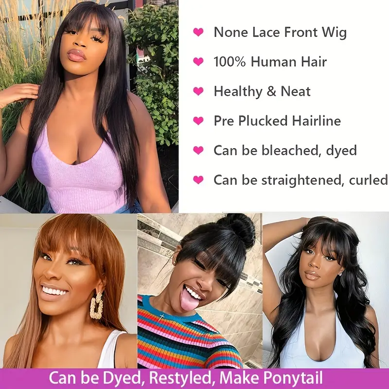 Straight Human Hair Wigs with Bangs Brazilian Hair None Lace Front Wigs Machine Made Wigs for Black Women 180 Density Glueless