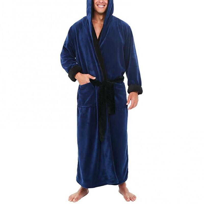 Jubah Mandi Pria Bulu Karang Jubah Panjang Flanel Lembut Gaun Kimono Tali Pinggang Baju Tidur Musim Dingin Jubah Mandi Pakaian Tidur Lingerie Pria