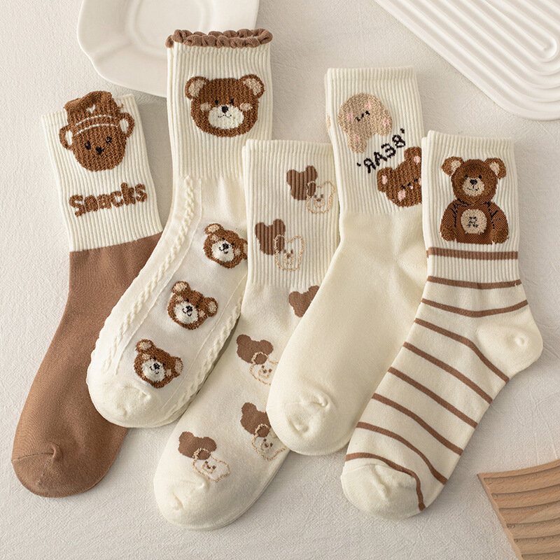 귀여운 곰 동물 프린트 면 양말 여성용, 곰돌이 디자인, 하라주쿠 만화 디자인, 여자아이 선물, 가을 겨울