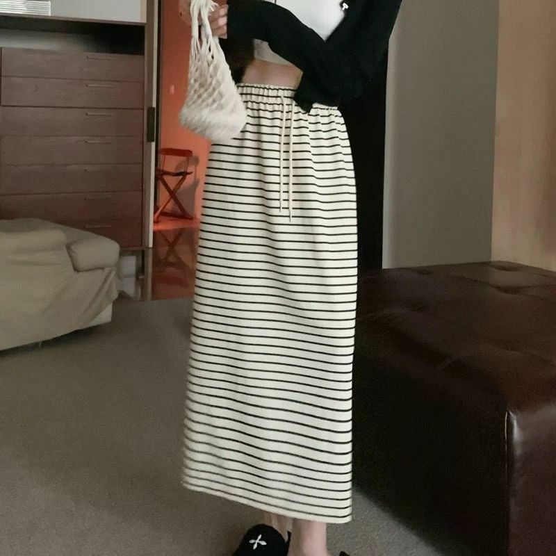 Mode hohe Taille Kordel zug Knöchel röcke elastische Damen bekleidung koreanische gestreifte Sommer All-Match lässige A-Linie lange Röcke