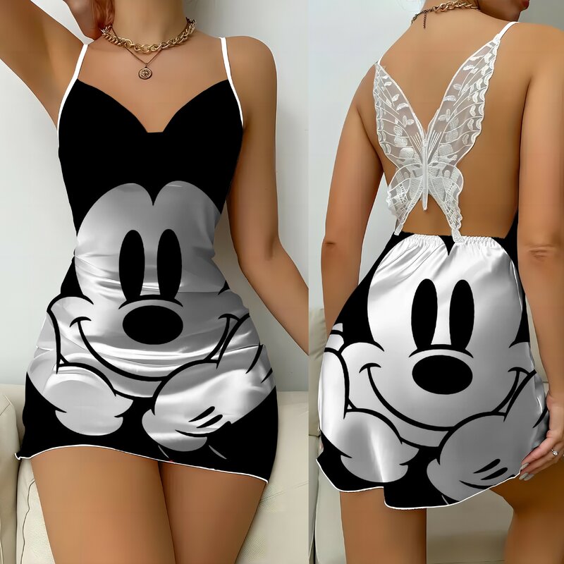 Minnie Mouse Bow Knot Party Dresses Disney Mickey Satin Surface Backless Dress Pajama Skirt Womens Fashion Summer 2024 Mini Sexy