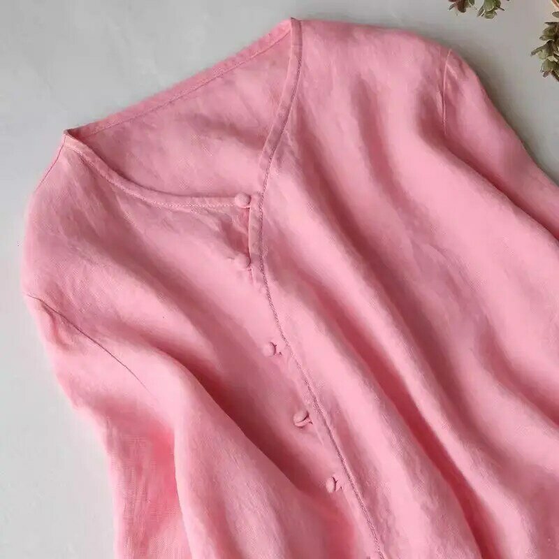 Robe cardigan rétro en lin à manches longues pour femmes, col en V, taille inclinée devant, art rose, original, printemps, été, 2024, K994