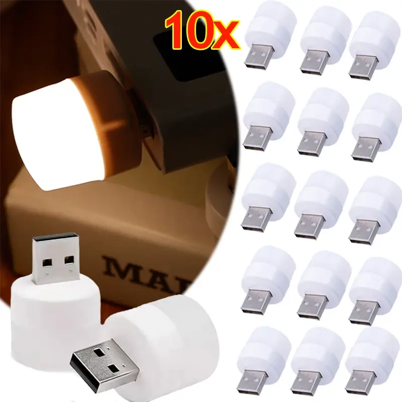 따뜻한 흰색 USB 소형 야간 조명, 눈 보호 LED 충전 조명, USB 플러그 컴퓨터 모바일 파워 북 독서 램프, 1 개, 10 개