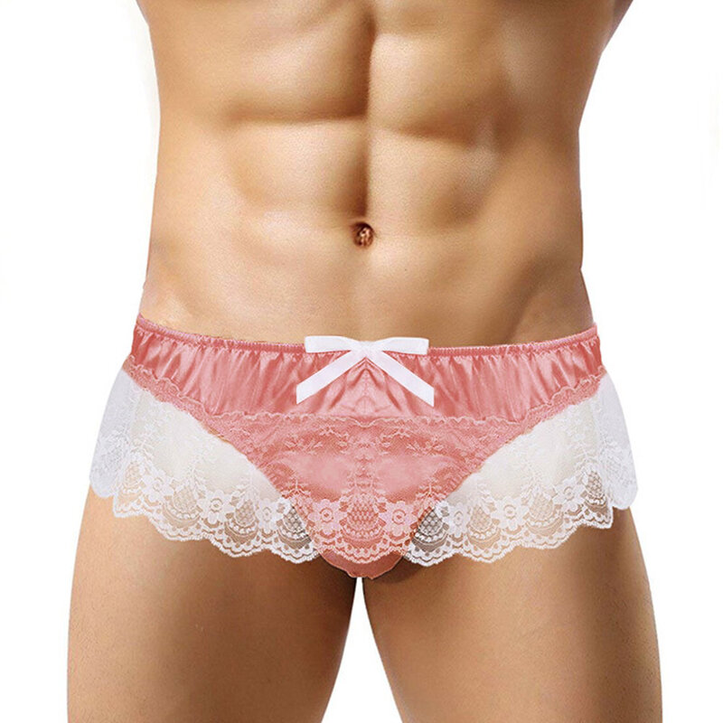 Men Sexy Lace G-Strings Sissy T-Back Ruffle Pouch Panties Satin Briefs Breathable Underwear Gay Wear Gasexyy Erotic Lingerie