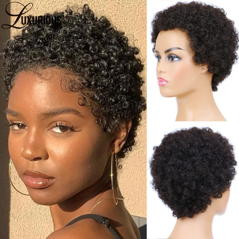 Pre Plucked Kinky Curly Machine Made Wig Pixie Cut Short Wear And Go Wigs For Black Women Brazilian Virgin Remy Human Hair Wigs