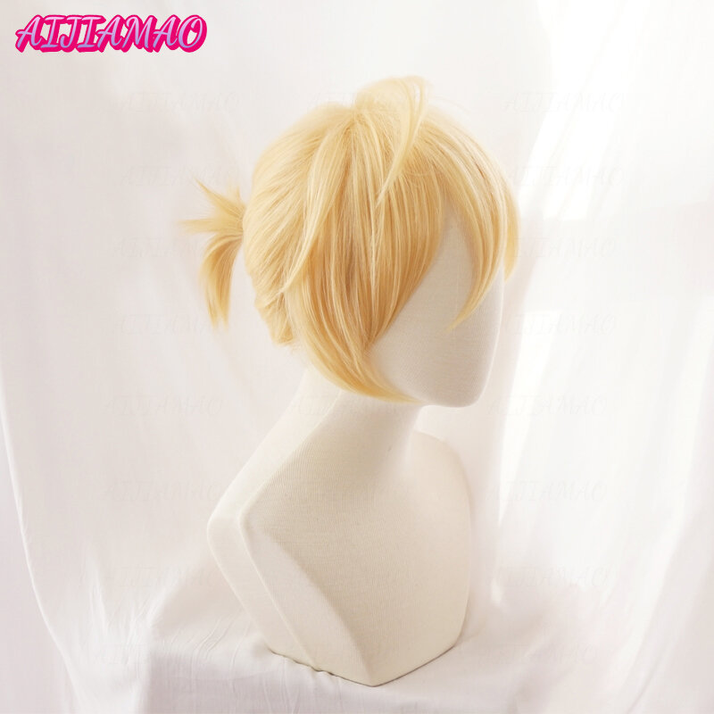 Rin Len-Peluca de pelo sintético resistente al calor, pelo rubio corto, Cosplay de Anime, código de seguimiento, gorro de peluca gratis