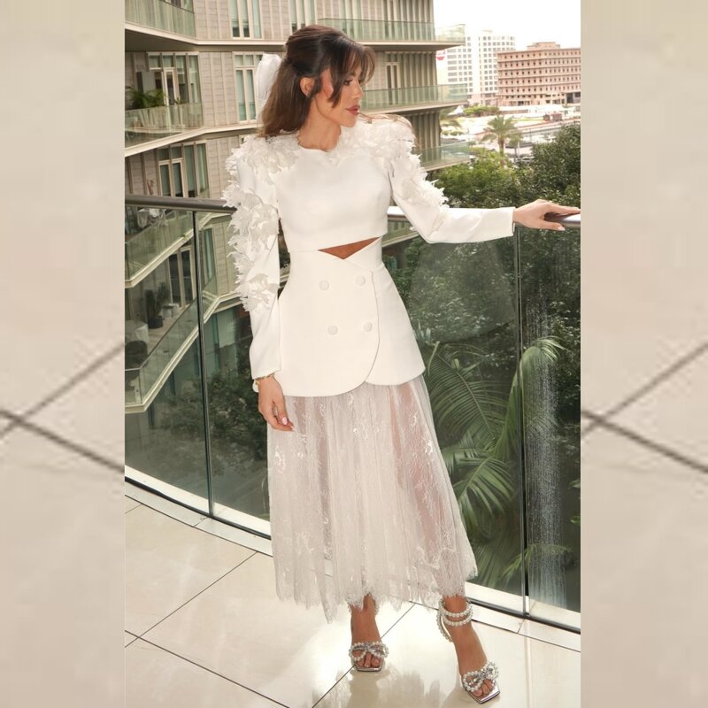 Jiayigong Jersey Knopf Federn drapiert Clubbing A-Linie O-Ausschnitt maßge schneiderte Anlass Kleid Midi Kleider Saudi-Arabien Abend