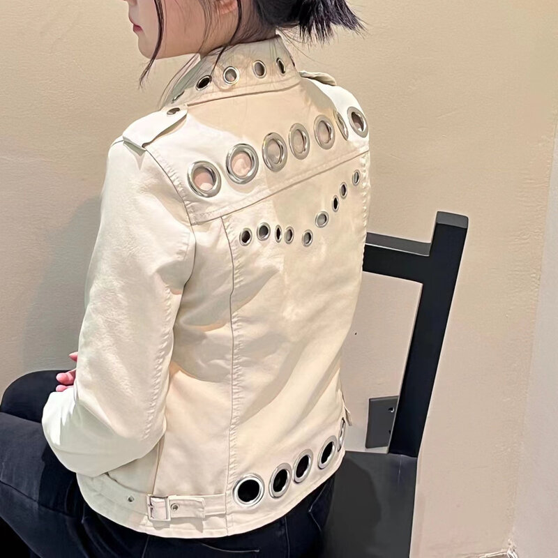 Женская кожаная куртка, новинка 2024, весенне-осенняя одежда, универсальная модная куртка из искусственной кожи с металлическими кольцами, короткая одежда