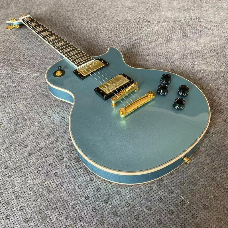 Chitarra elettrica LP chitarra elettrica integrata a 6 corde, corpo blu in metallo, colore brillante, tastiera in ebano, pista in acero, Pi chiuso