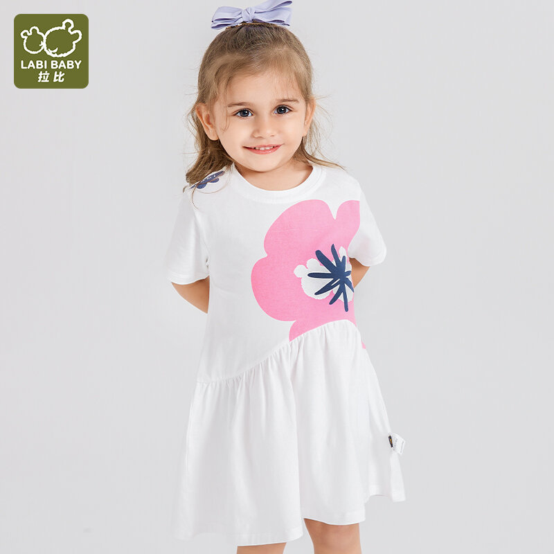 LABI BABY Kids Dresses for Girls Cotton Knee Length Casual Print Round Neck Dress for Children Summer Clothes