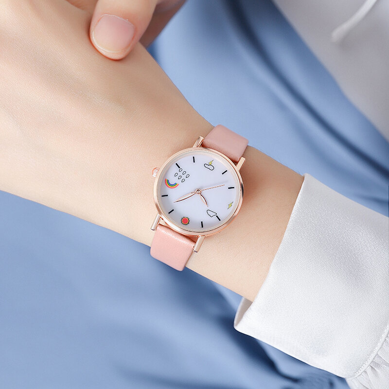 Reloj con correa de cuero para mujer, nuevo reloj de moda de cuarzo con diseño de personalidad para chicas, reloj de color 14