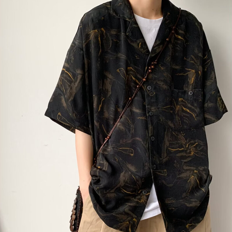 Camicie a maniche corte da uomo Vintage Slouchy Baggy traspirante seta di ghiaccio giapponese Harajuku Streetwear Teens Holiday Beach Y2k Top Ins