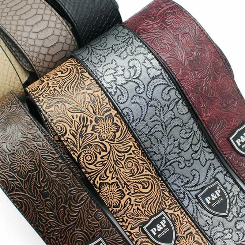 P&P 2.5 Inch Guitar Strap Genuine Leather Adjustable Soft Embroidered Belt For Classical Bass Music Hobby Guitar Accessories