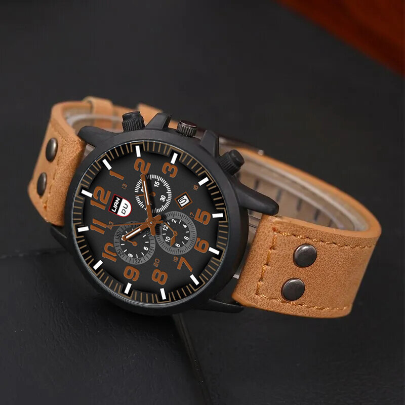 4PCS Set Fashion Mens Military Sport Calendar Watches For Men Casual Leather Hand Rope Quartz Wrist Watch Relogio Masculino