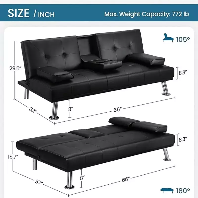 Modern Faux Leather Sofa Bed Convertible Folding Futon With Armrest Home Recliner Home Furniture for Living Living Room Sofas