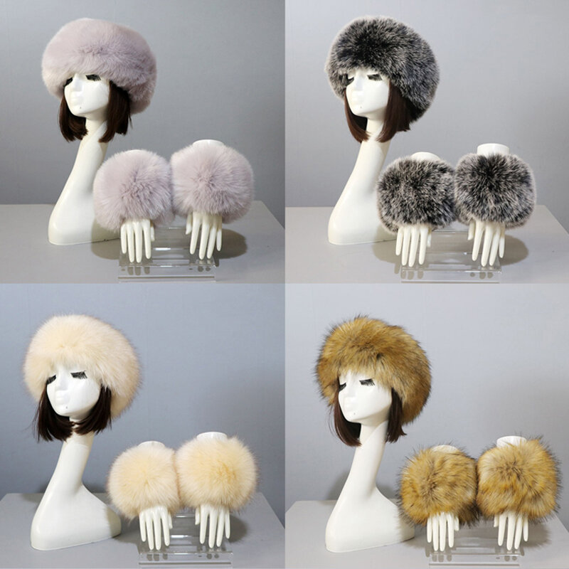 Topi Musim Gugur Musim Dingin untuk Wanita Topi Manset Set Fashion Topi Bulu Palsu Hangat Penutup Lengan Bulu Rubah Setelan Pakaian Aksesori