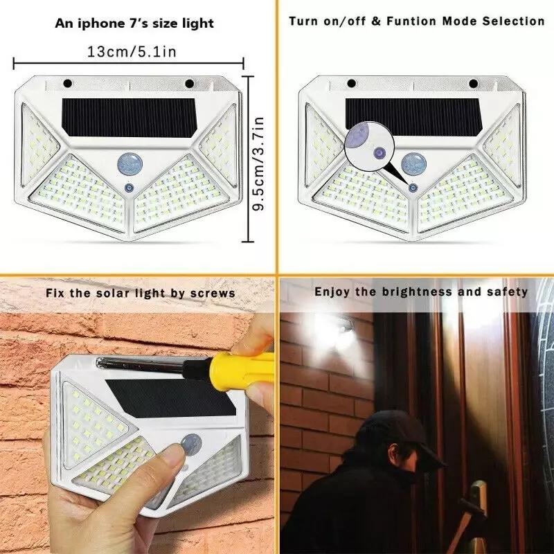 Luces LED solares con Sensor de movimiento PIR, luz de pared impermeable alimentada por energía Solar para decoración de jardín, lámpara de pared de calle, 100