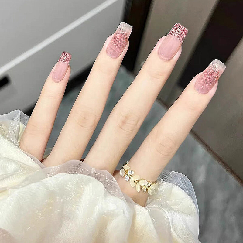 Colorete de uñas rosa claro brillante, rosa brillante, uñas artificiales reutilizables, belleza para mujer, maquillaje de uñas