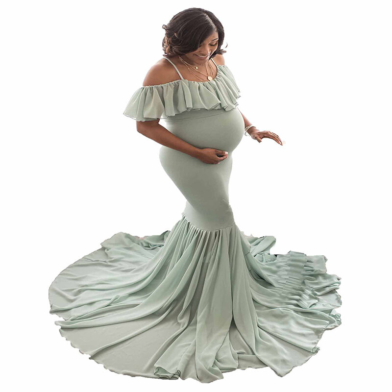 Off Shoulder Bodycon Mermaid Maternity Dresses Pregnancy Photoshoot Dress Women Summer Chiffon Floor Length Maxi Long Robe Femme