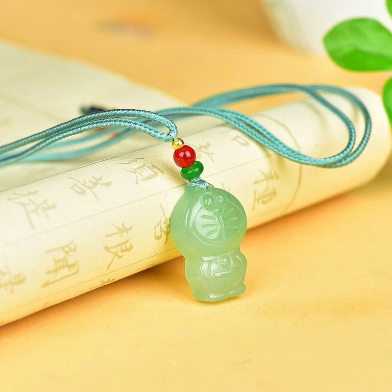 Aventurina pingente de jade para homens e mulheres, colar pedra verde natural gato retrô dos desenhos animados mascote joias, amuleto