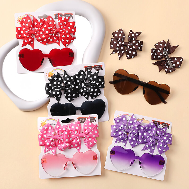 Kid's Sun Glasses Set, Solid Dot Hairpin, Bowknot Clips de cabelo, Infantil Boutique Acessórios, Meninas, 3pcs