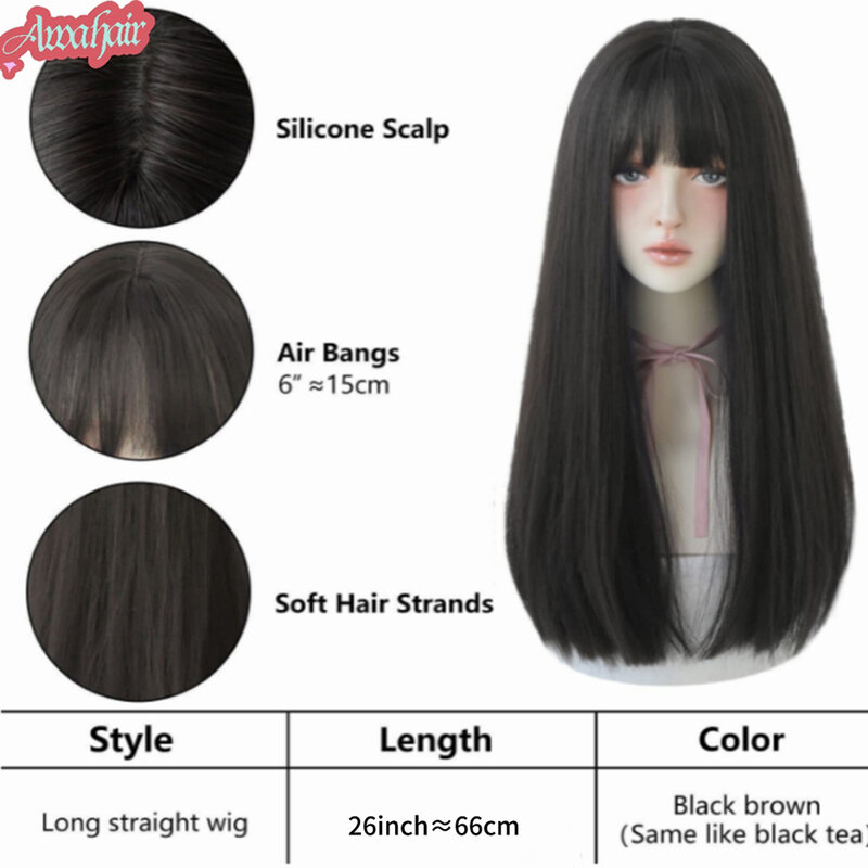 Awhair-Peluca de cabello sintético para mujer, pelo Natural largo y liso, color negro, con flequillo, resistente al calor, para Cosplay diario