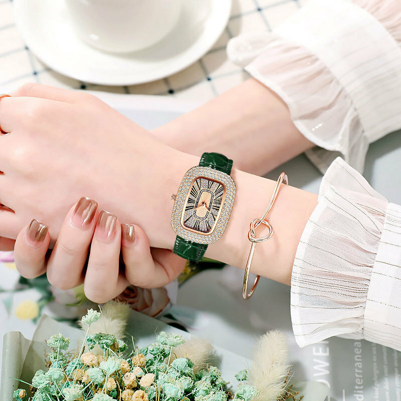 Relogio-여성 패션 타원형 시계, 그린 시계, 럭셔리 크리스탈 케이스 가죽 밴드, 쿼츠 손목 시계, 저렴한 가격