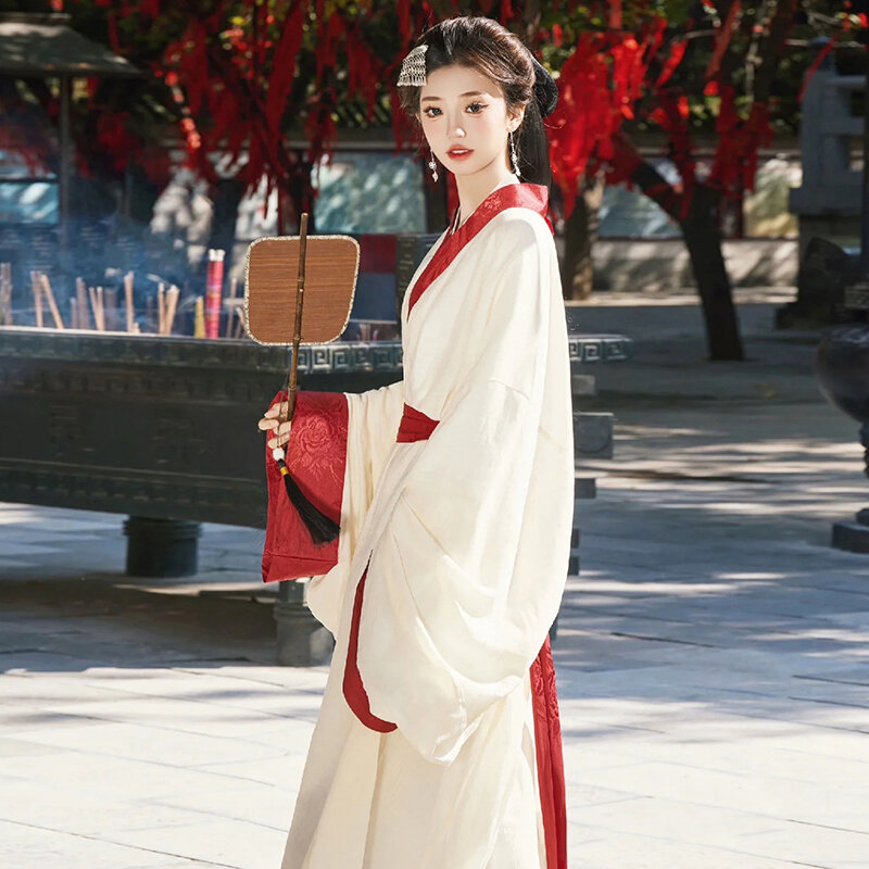 زي Hanfu الأبيض القديم للنساء ، النمط الصيني الجديد ، عبر طوق ، أداء متين