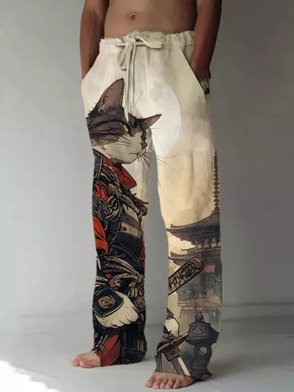 Брюки полной длины с широкими штанинами, хипстерские штаны с принтом в стиле Харадзюку, с японскими кошками и Китти, летние уличные спортивные для мужчин и женщин