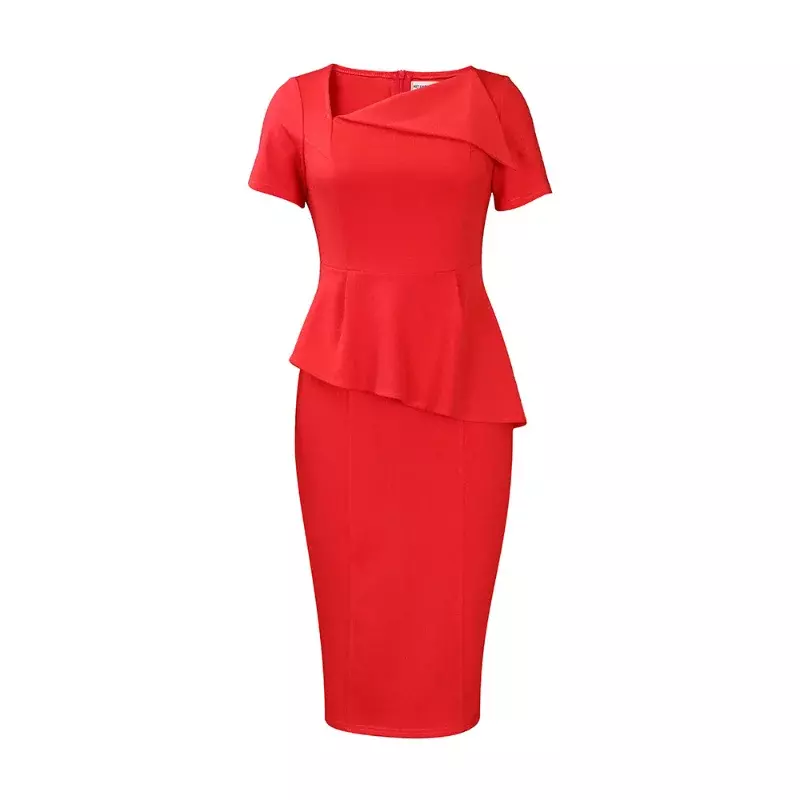 Elegant Bodycon Dresses for Women Asymmetric Collar Short Sleeve Sheath Package Hips Mid Calf Professional Ladies Business Dress
