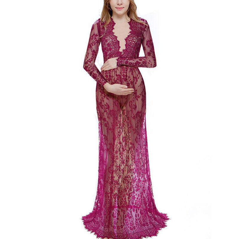 See Through Lace Dress Sexy Deep V Neck Long Sleeve Maxi Robe Baby Shower Maternity Women Pregnancy Photo Shooting Maxi Dresses