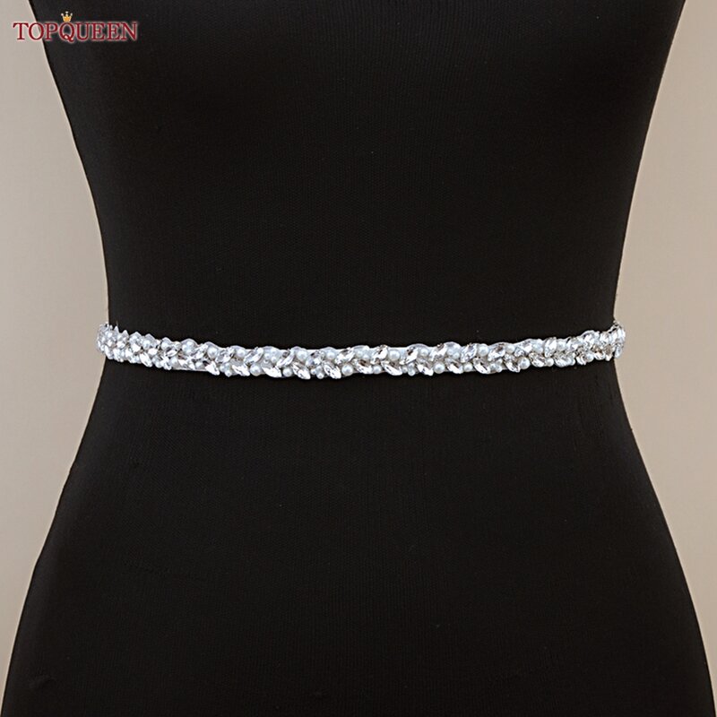 TOPQUEEN-cinturones y fajas de boda hechos a mano para vestidos, adornos de perlas y diamantes de imitación, cinturón de boda dorado y plateado, S383