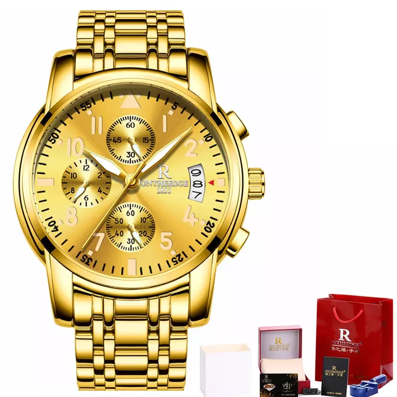 メンズクォーツ時計,高級ステンレススチール腕時計,ゴールドカラー,発光,耐水性,ビジネス