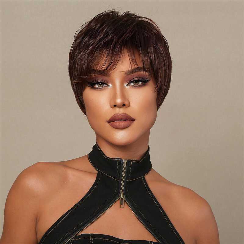 EASIHAIR Short Brown Hair Blend Wig with Bangs Short Pixie Cut Wigs for Women Synthetic Wigs Mixed With Human Hair Daily Party