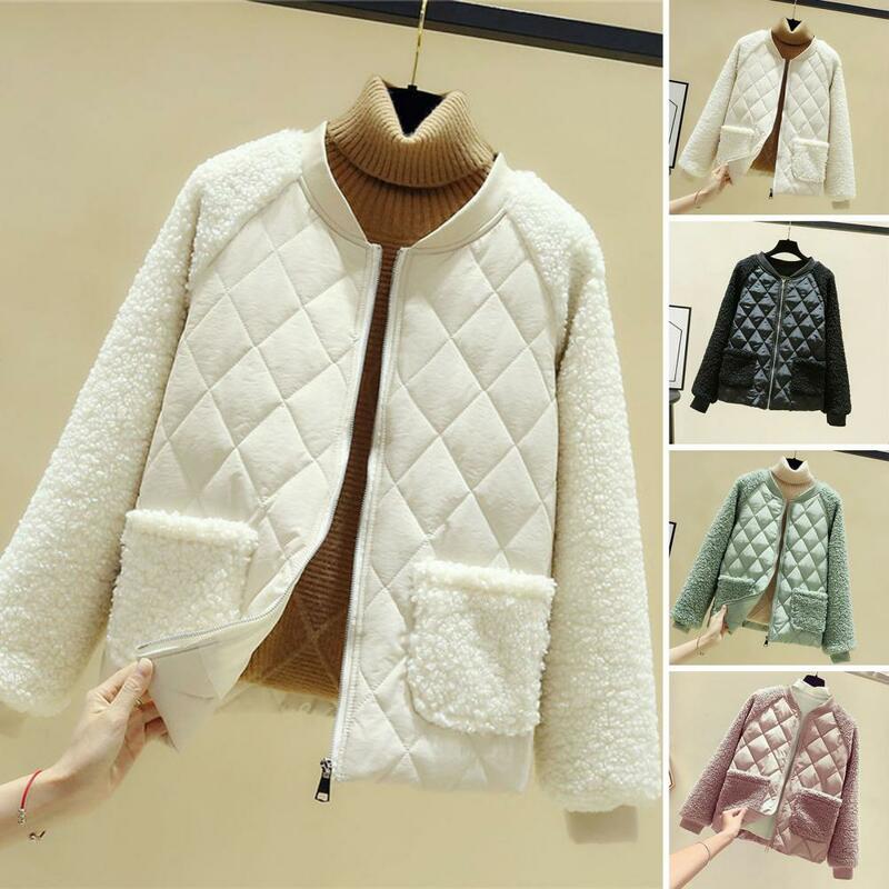 여성용 단색 짧은 면 코트, 긴 소매 플러시 스플라이싱 재킷, 포켓 지퍼 플래킷, 면 패딩 아우터, 가을 겨울