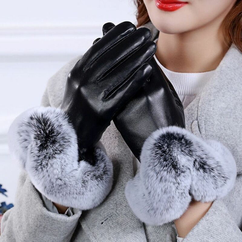 Unisex Plus Velvet Thicken Warm Touch Screen Mittens Cashmere Gloves PU Leather Faux Fur Gloves