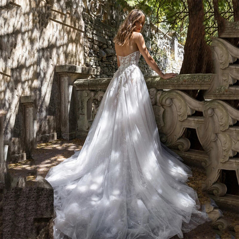 Vestido De boda De Princesa con Apliques De encaje para mujer, traje bohemio con abertura lateral, escote en forma De corazón, sin mangas