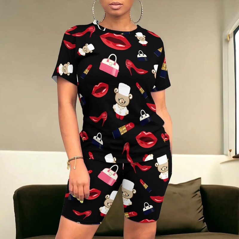 Summer Vacation Casual Africa Printi 2Piece Set  Women  Printed O Neck Short Sleeve T Shirt Top Shorts Suit Women Tracksuit