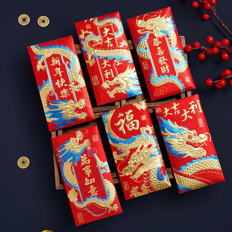 Envelopes vermelhos com bolsos de dinheiro da sorte, ano novo chinês, ano do dragão, loong lunar, suprimentos hong bao, festival da primavera, 6 unid, 2024