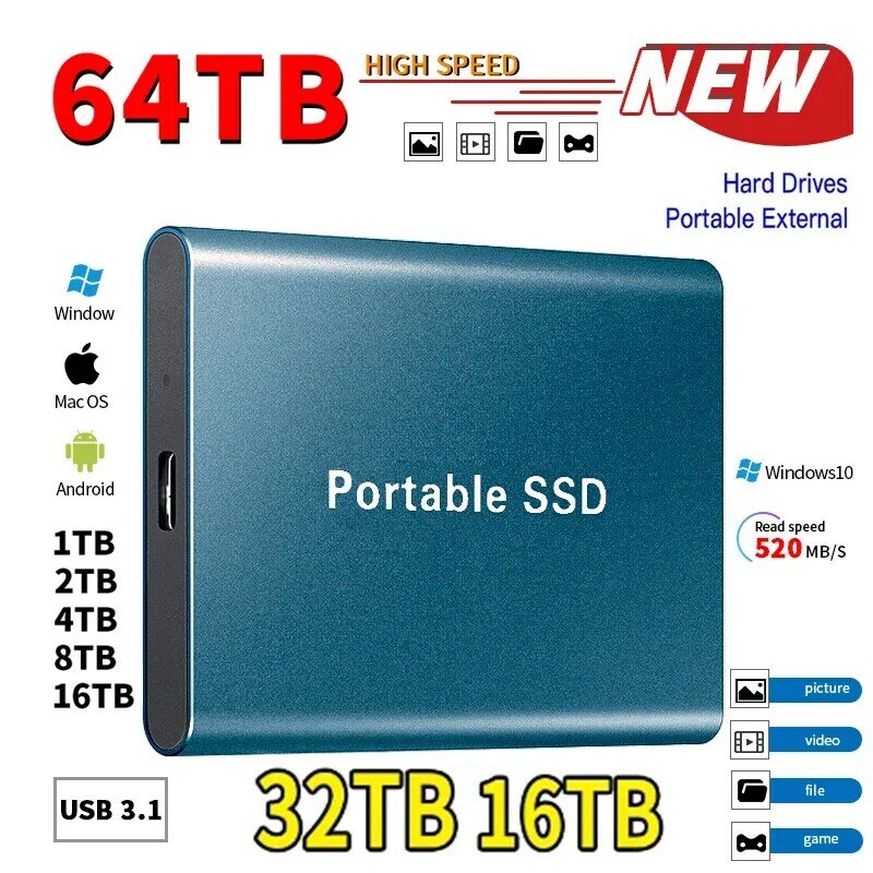 1TB External Hard Drive Portable SSD 2TB Hard Disk Storage High-Speed External Solid State Drive USB 3.1/Type-C for PC/Mac/PS