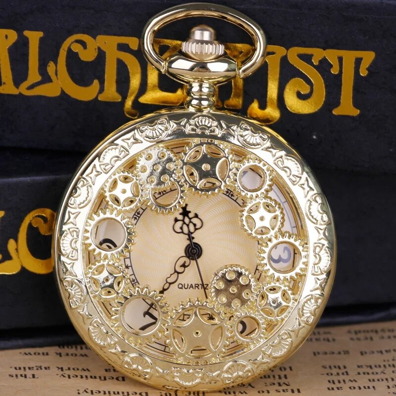 Gold Hollow Skeleton Gear Pocket Watches Vintage Casual Mens Women Pendant Jewelry Necklace With Chain Gift