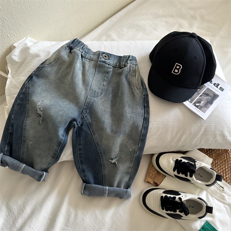 Children's Clothing Trousers 2023 Spring New Boys and Girls Color Blocking Ripped Jeans Baby Leisure Straight-Leg Pants