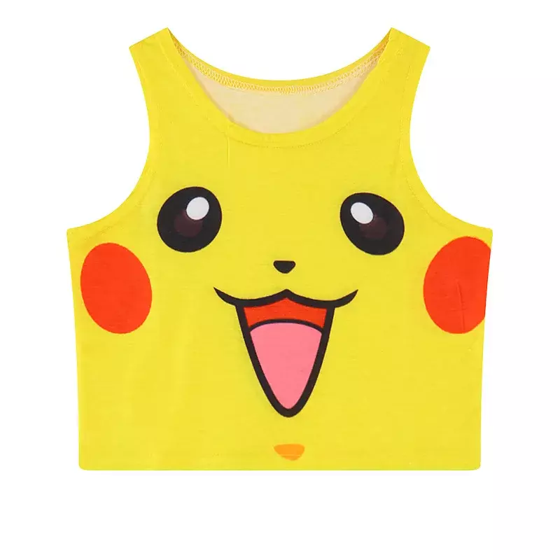 Anime Pokemon Pikachu colete impresso para meninas, traje Cosplay, calcinha sexy, camisa top cortada, colete sem mangas dos desenhos animados, cor, camiseta nova