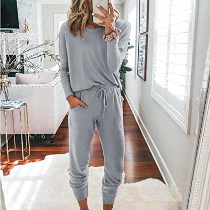 Women Fashion Round Neck Solid Color Long Sleeve Pullover And Bandage Loose Feminine Pants Leisure Trendy Simplicity Sweatsuits