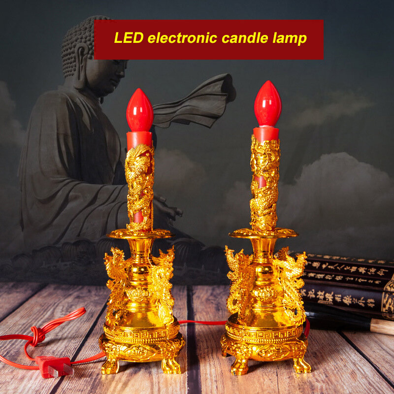 Candle Holders Dragon Phoenix Pattern Strengthening Buddha Image Shrine New Year Electric Candlestick With Light Bulbs