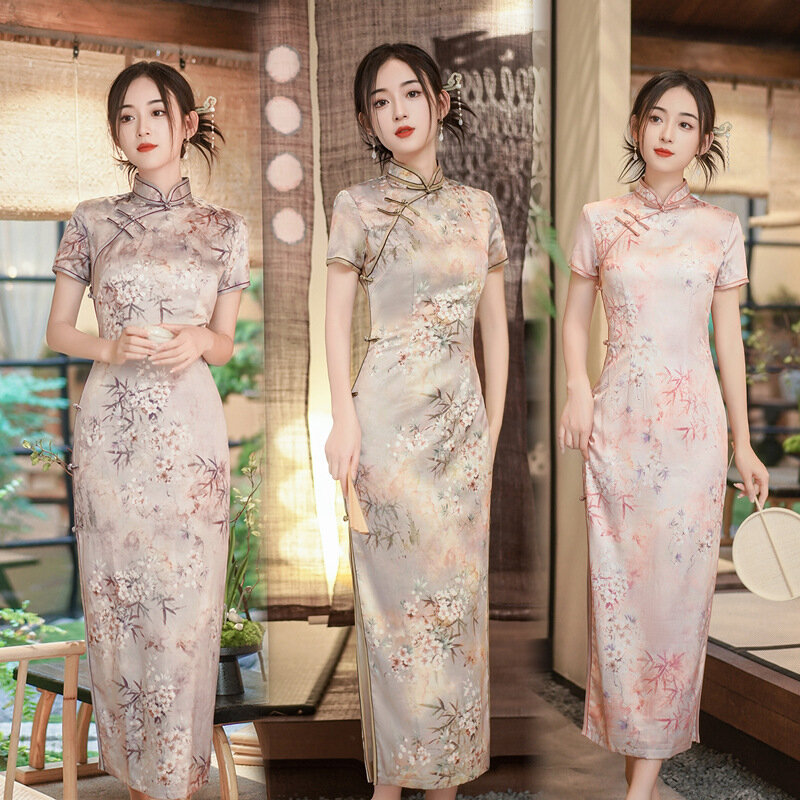 Vestido longo de cetim qipao para senhora, vestidos tradicionais qipao, sexy e elegante, flor estampada, estilo chinês, plus size 3xl, 4xl, novo